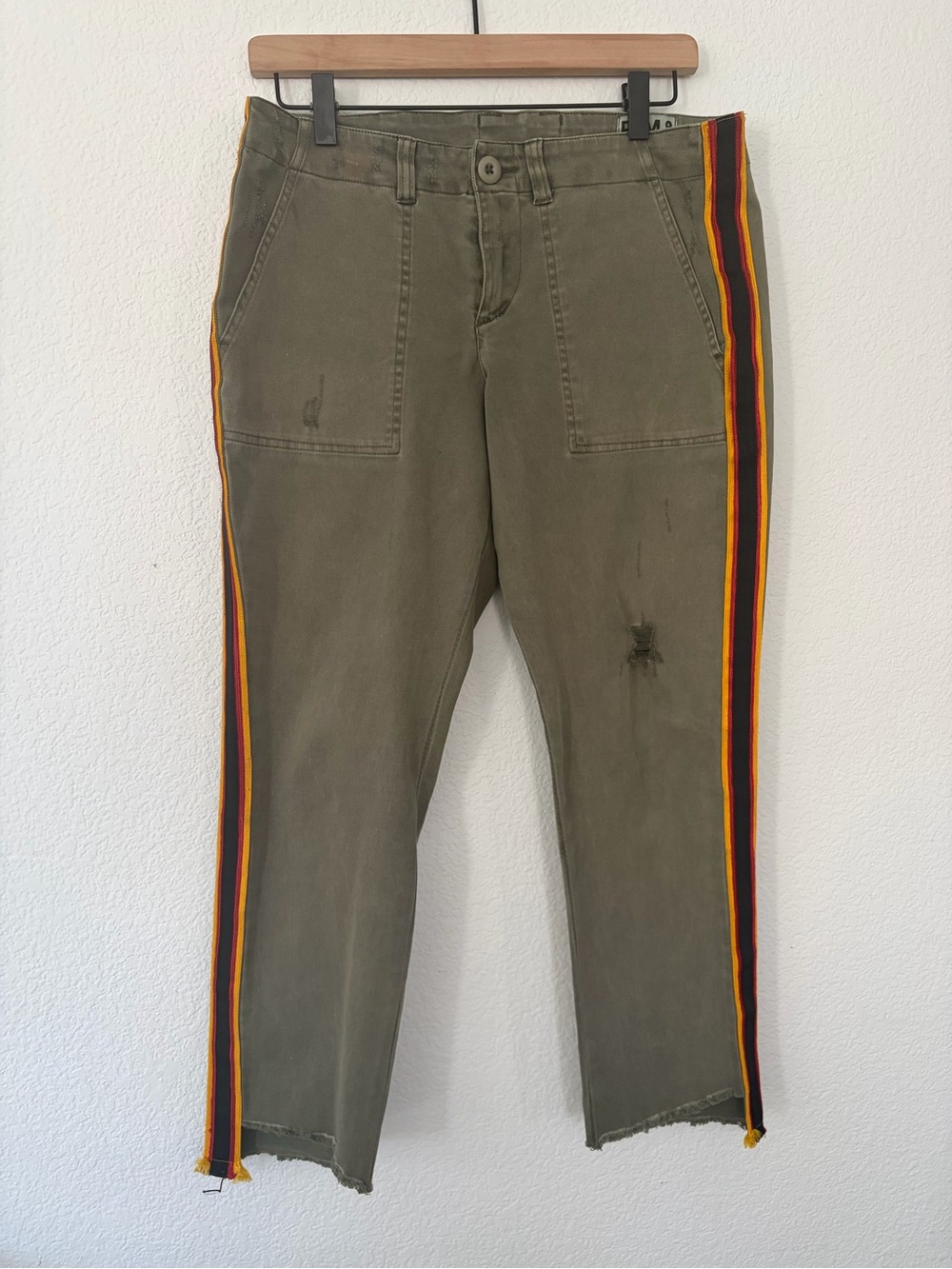 Pam & Gela Olive Cargo Pants with Red, Yellow & Black Side Stripes